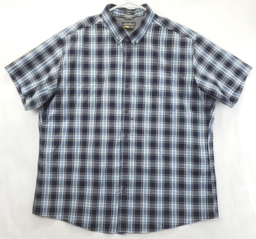 Eddie Bauer Shirt Mens XL Blue White Travex Plaid Cotton Classic Fit Button-Down